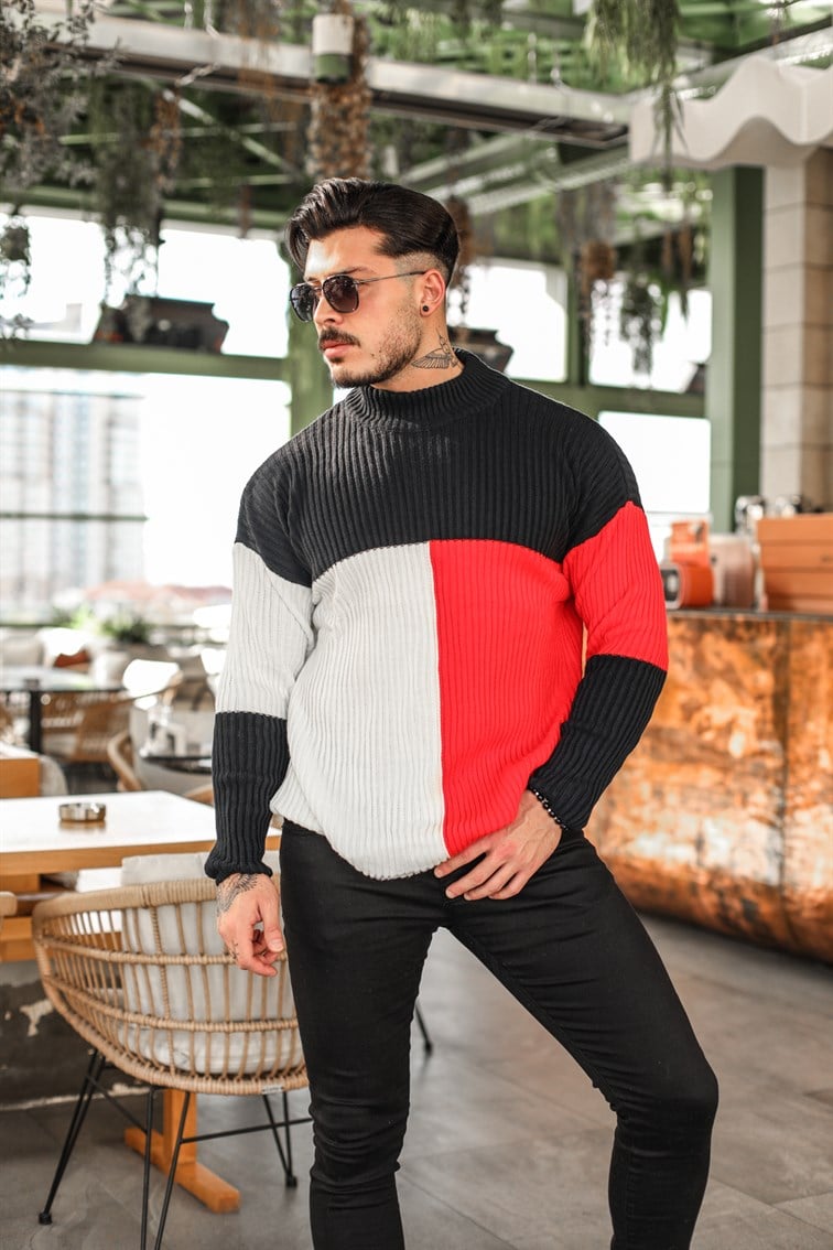 Yarım Boğazlı Renkli Oversize Örme Kazak