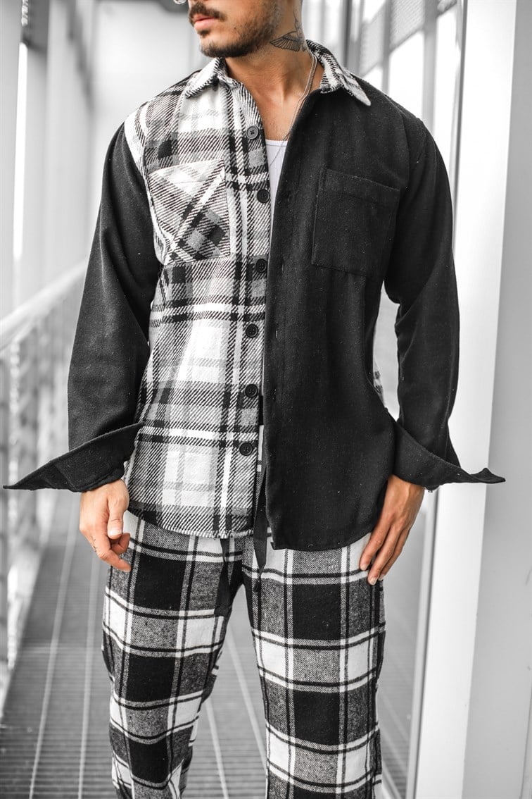Yarım Ekose Desenli Oversize Gömlek
