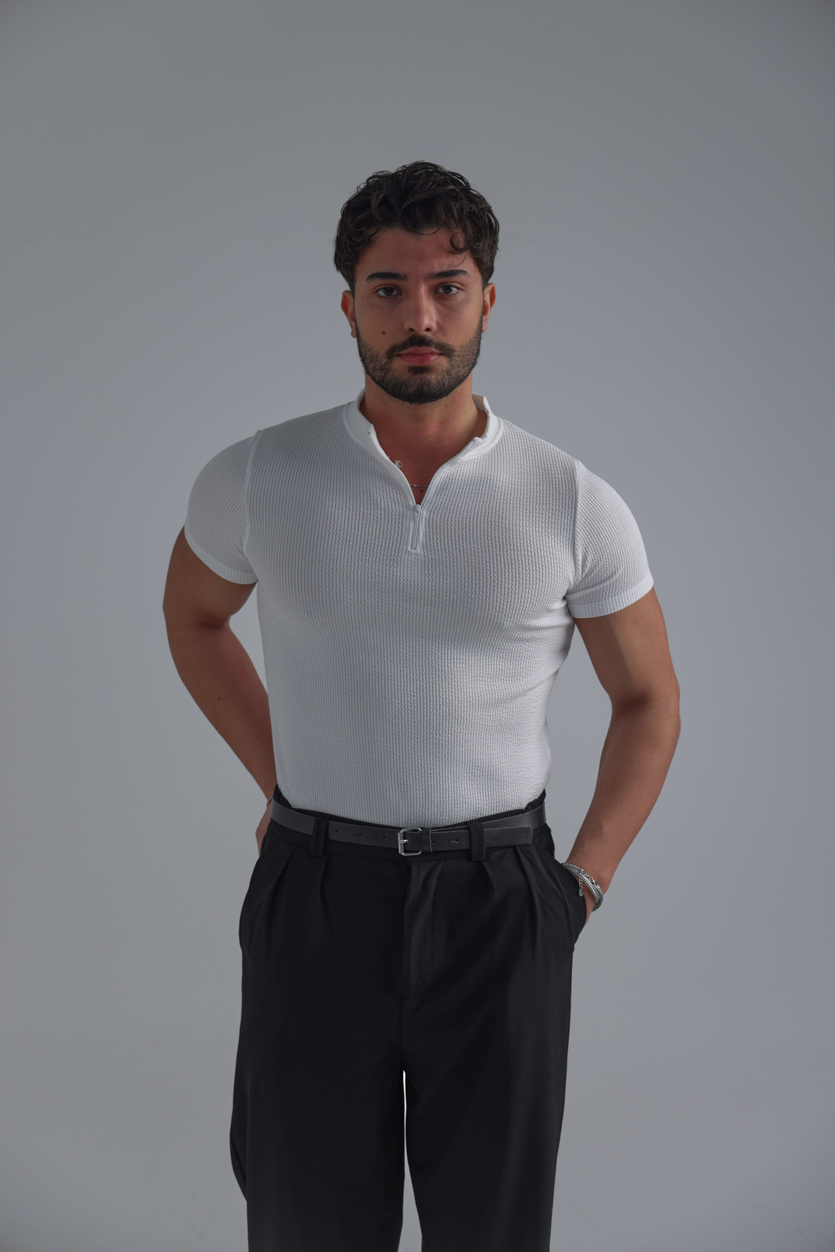 Yarım Fermuar Slim Fit Fitilli Tshirt Beyaz