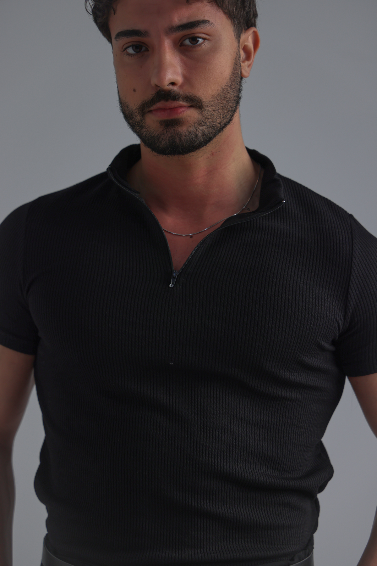 Yarım Fermuar Slim Fit Fitilli Tshirt Siyah