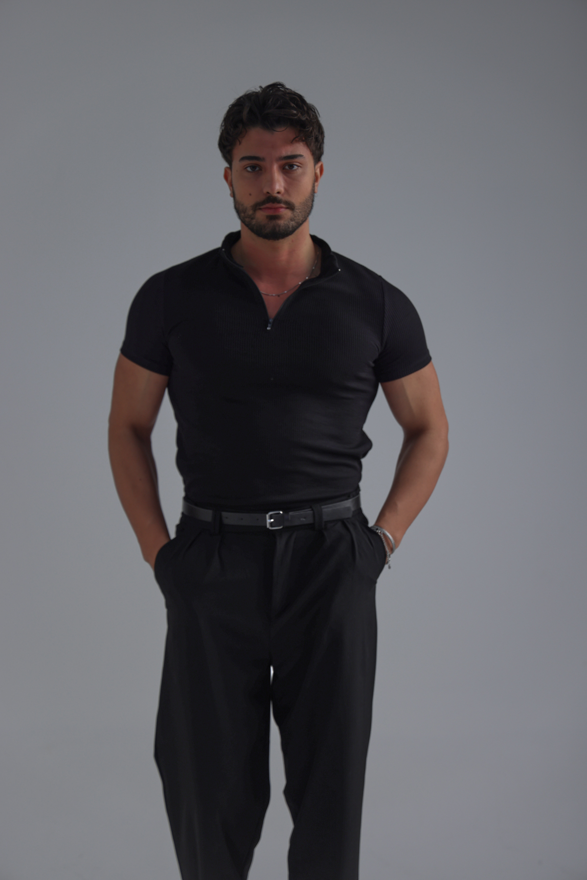 Yarım Fermuar Slim Fit Fitilli Tshirt Siyah