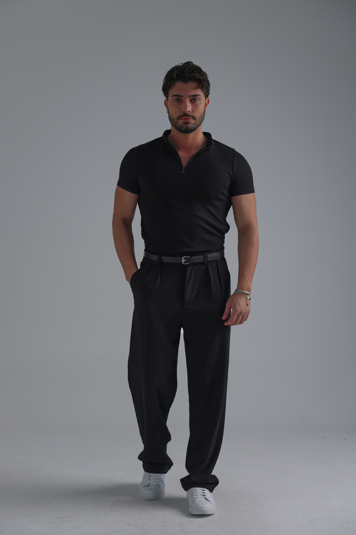 Yarım Fermuar Slim Fit Fitilli Tshirt Siyah