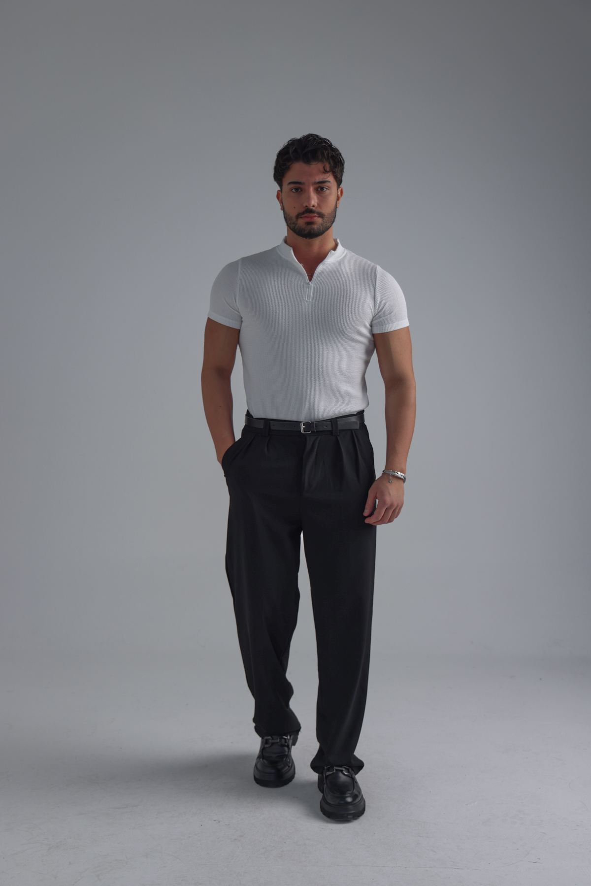 Yarım Fermuar Slim Fit Fitilli Tshirt Beyaz