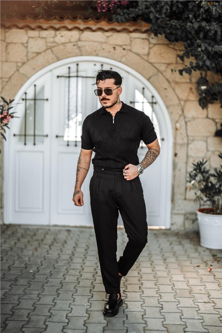 Yarım Fermuarlı Desenli Polo Yaka T-Shirt Siyah