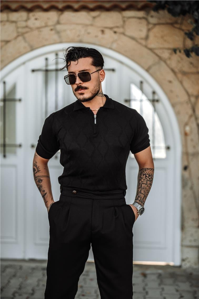 Yarım Fermuarlı Desenli Polo Yaka T-Shirt Siyah
