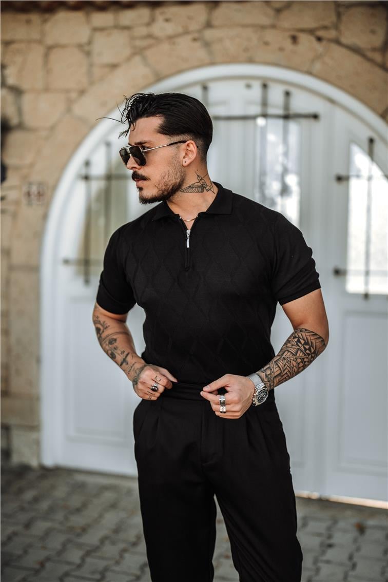 Yarım Fermuarlı Desenli Polo Yaka T-Shirt Siyah