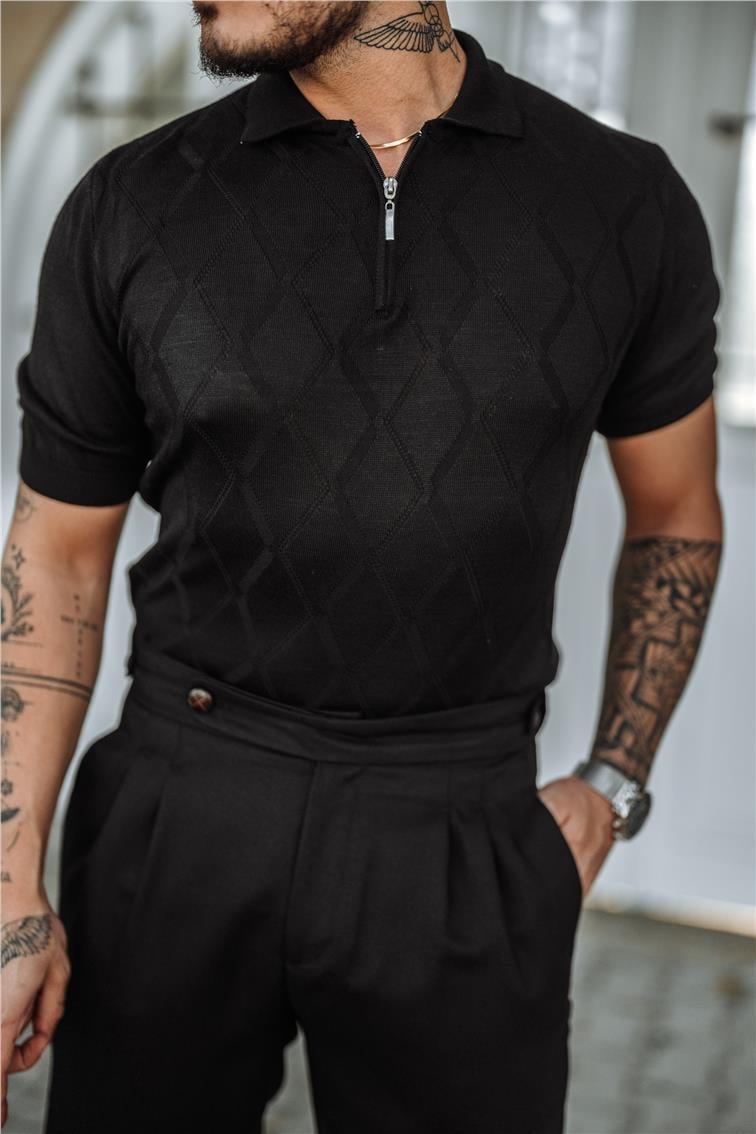 Yarım Fermuarlı Desenli Polo Yaka T-Shirt Siyah
