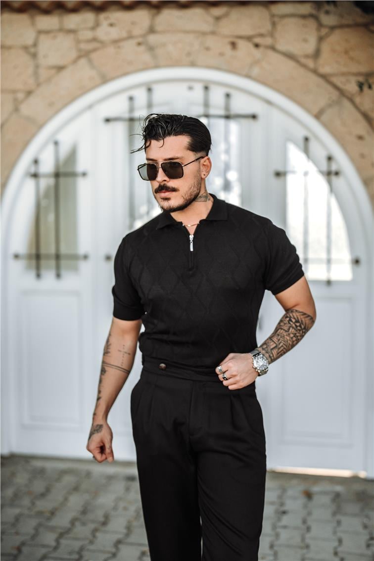 Yarım Fermuarlı Desenli Polo Yaka T-Shirt Siyah