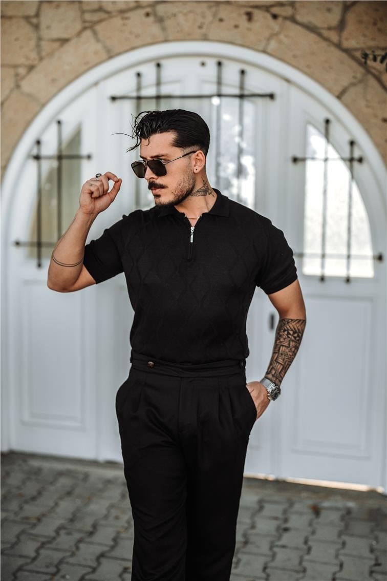Yarım Fermuarlı Desenli Polo Yaka T-Shirt Siyah