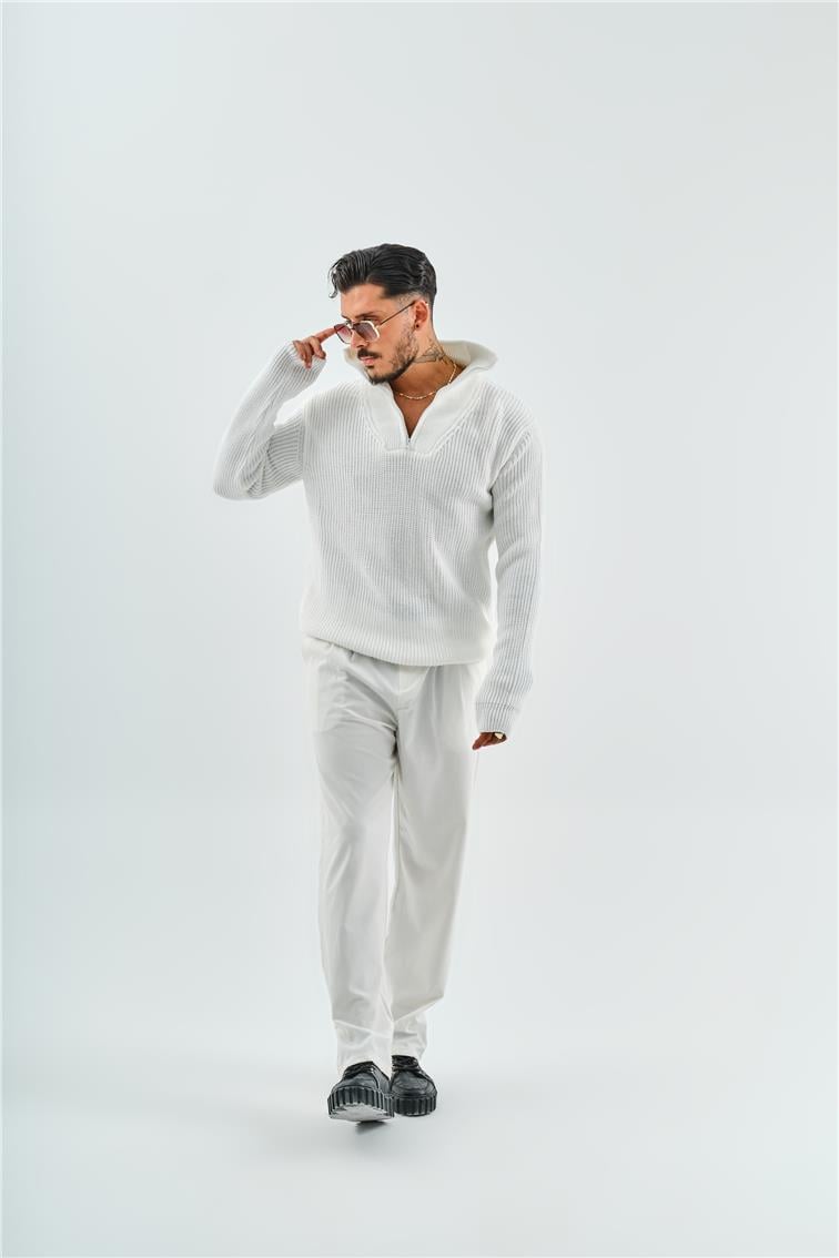 Yarım Fermuarlı Örme Oversize Kazak Beyaz