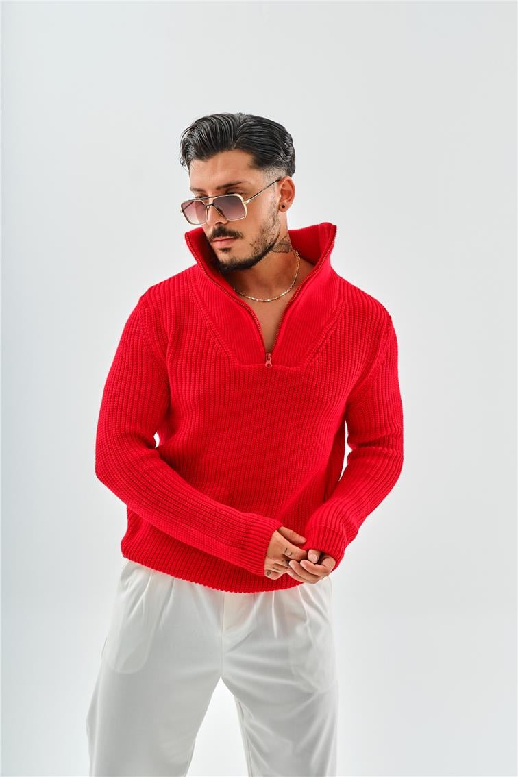 Yarım Fermuarlı Örme Oversize Kazak Kırmızı
