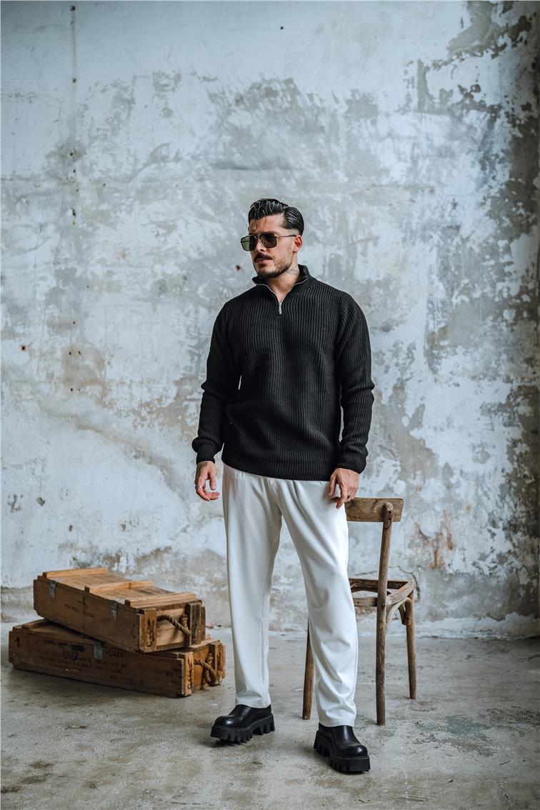 Yarım Fermuarlı Örme Oversize Kazak Siyah