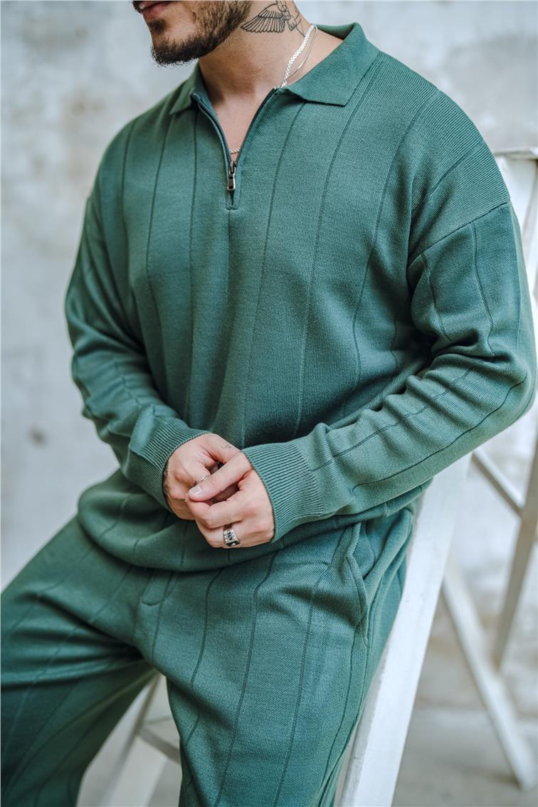 Yarım Fermuarlı Polo Yaka Kazak Çağla Yeşili