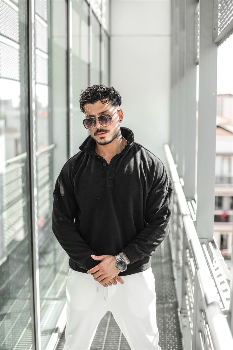 Yarım Yaka Düğmeli Oversize Polar Sweatshirt