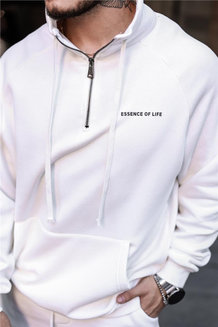 Yarım Yaka Fermuar Detaylı Sweatshirt Beyaz