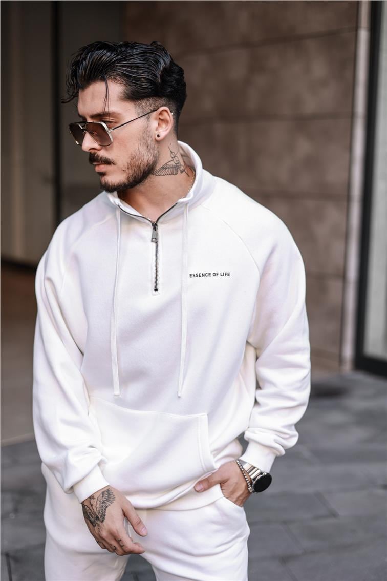 Yarım Yaka Fermuar Detaylı Sweatshirt Beyaz