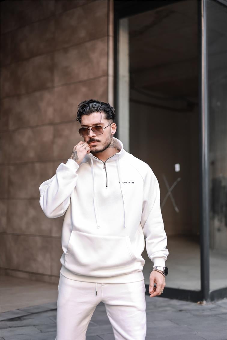 Yarım Yaka Fermuar Detaylı Sweatshirt Beyaz