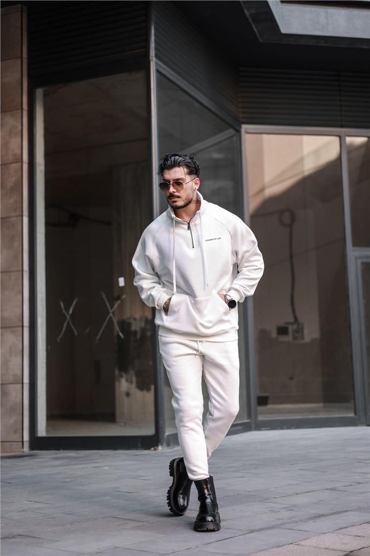 Yarım Yaka Fermuar Detaylı Sweatshirt Beyaz