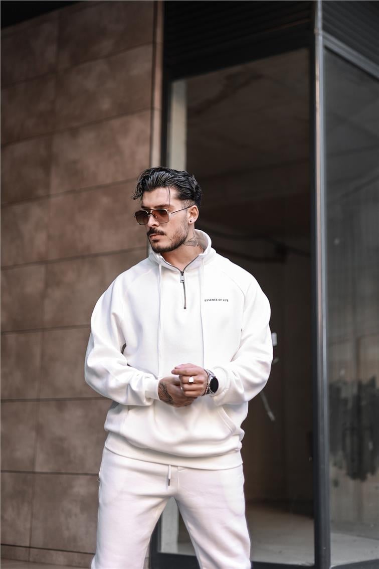 Yarım Yaka Fermuar Detaylı Sweatshirt Beyaz