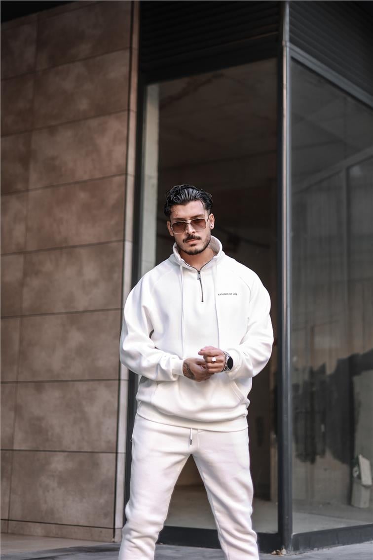Yarım Yaka Fermuar Detaylı Sweatshirt Beyaz