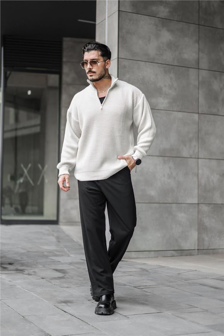 Yarım Yaka Fermuarlı Örme Oversize Kazak Krem