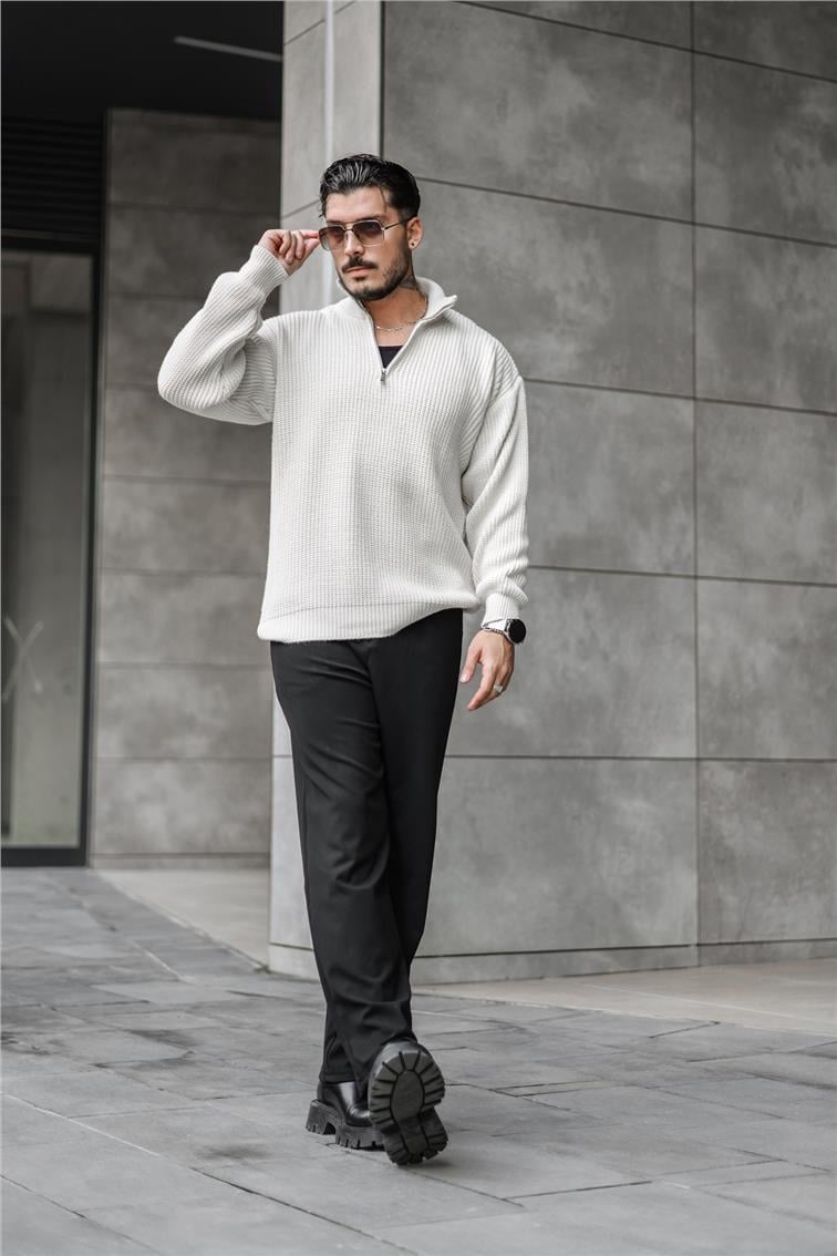 Yarım Yaka Fermuarlı Örme Oversize Kazak Krem