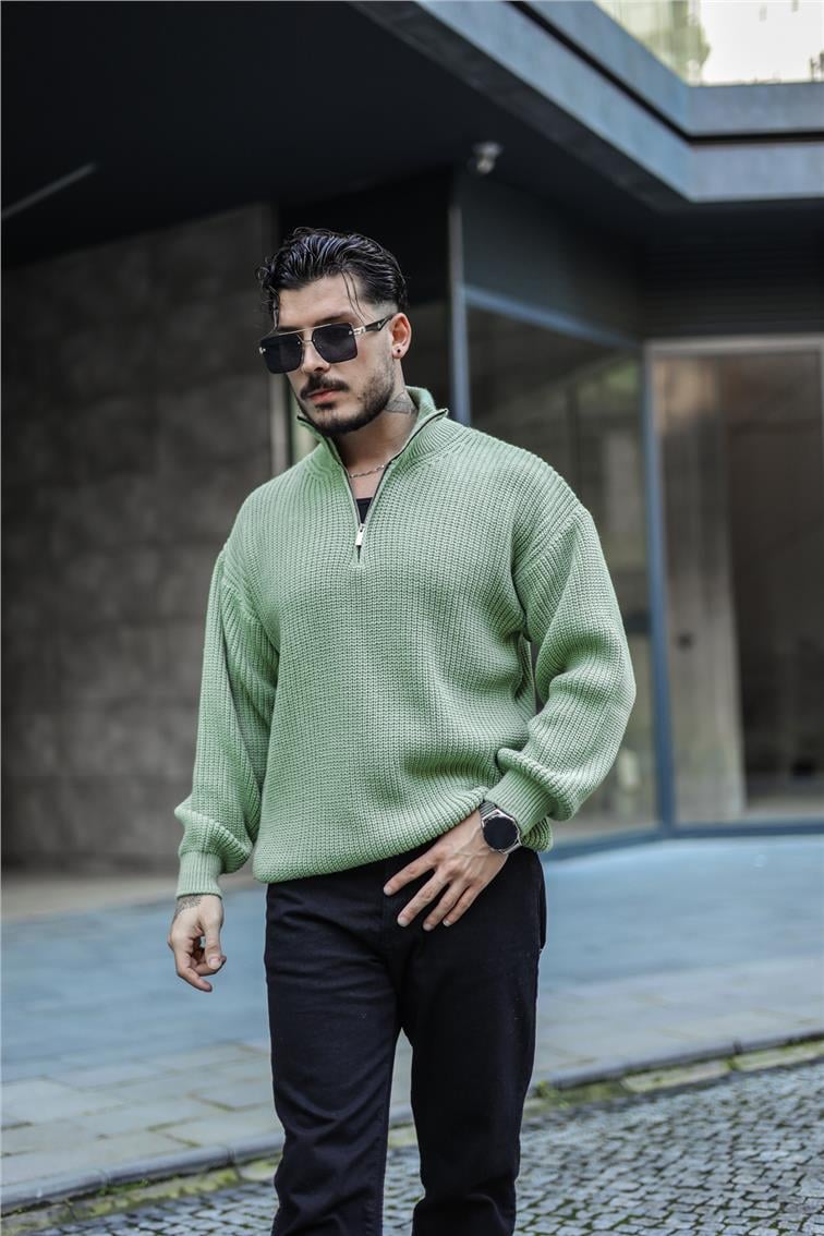 Yarım Yaka Fermuarlı Örme Oversize Kazak Mint
