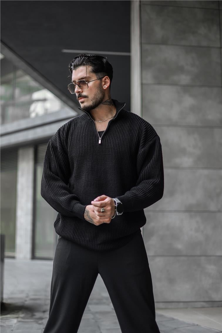 Yarım Yaka Fermuarlı Örme Oversize Kazak Siyah