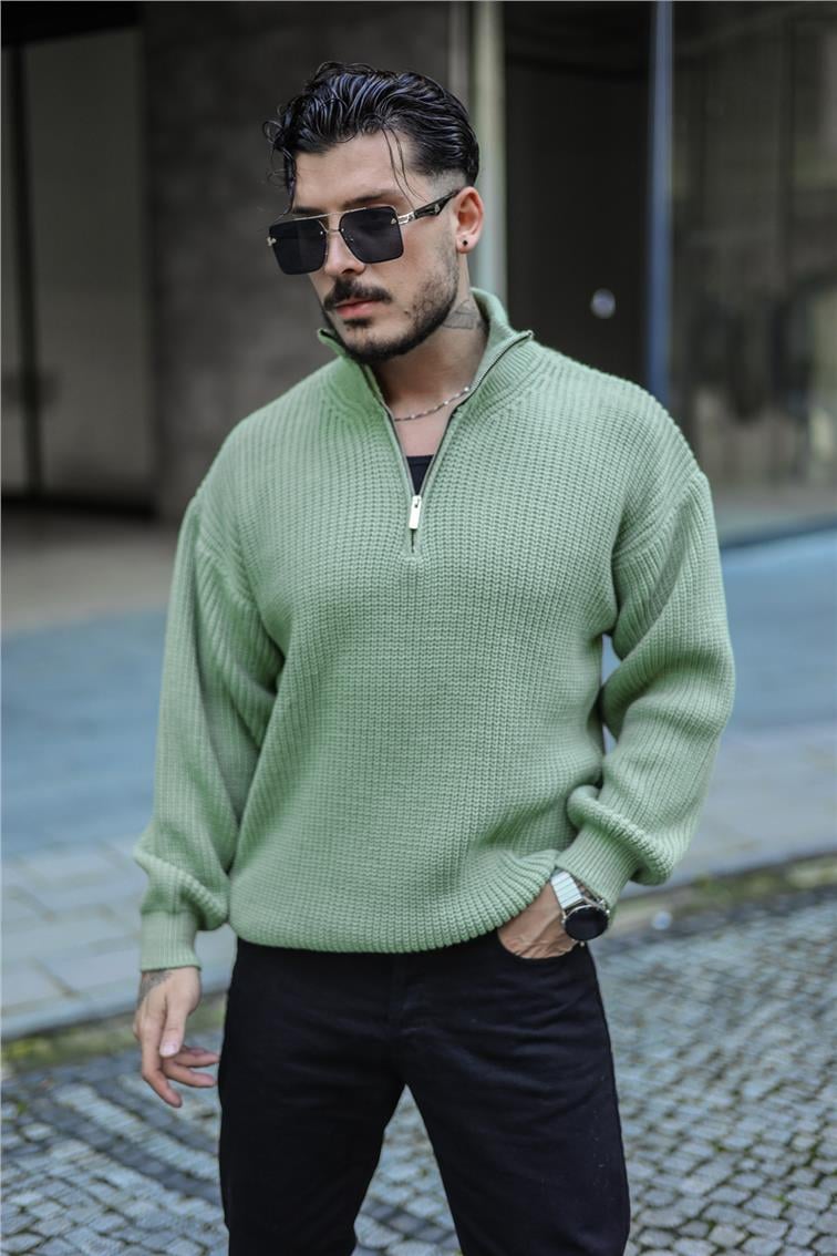 Yarım Yaka Fermuarlı Örme Oversize Kazak Mint