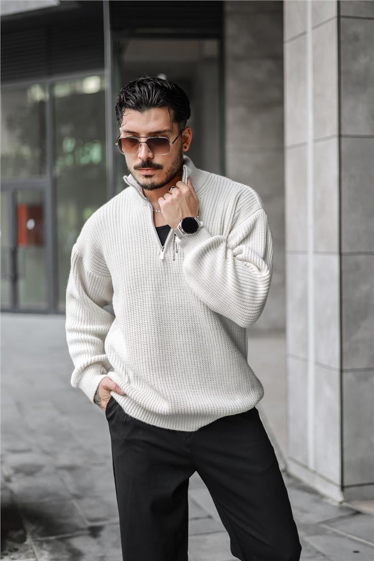 Yarım Yaka Fermuarlı Örme Oversize Kazak Krem