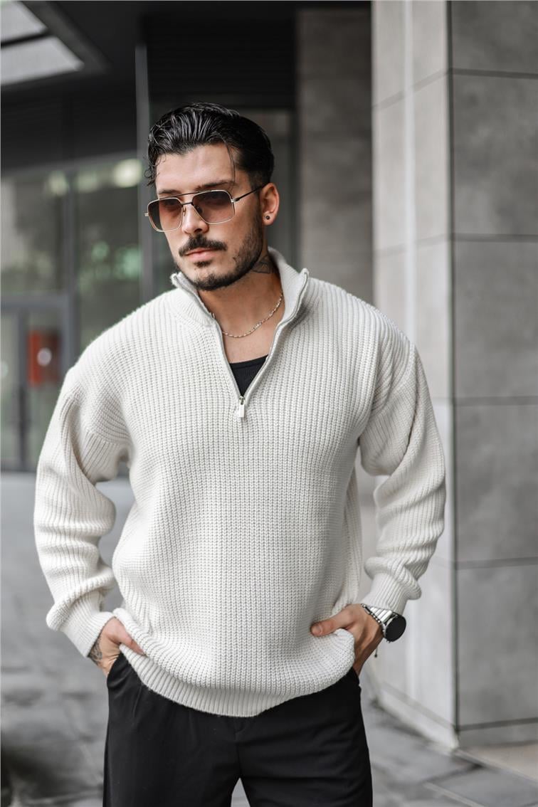 Yarım Yaka Fermuarlı Örme Oversize Kazak Krem