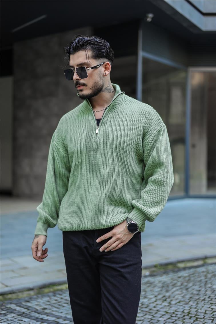 Yarım Yaka Fermuarlı Örme Oversize Kazak Mint