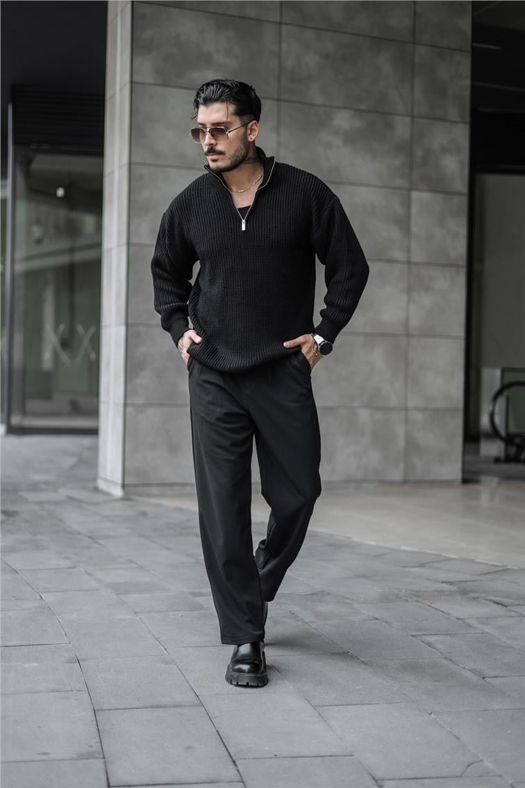 Yarım Yaka Fermuarlı Örme Oversize Kazak Siyah