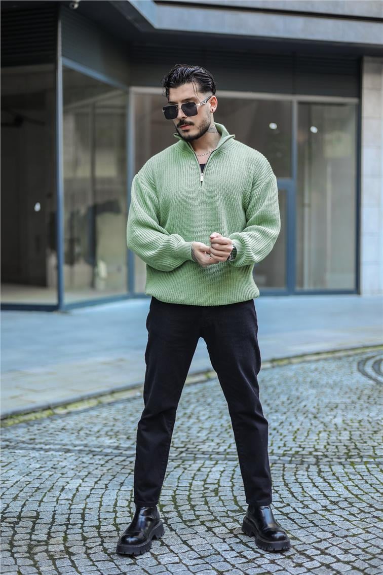 Yarım Yaka Fermuarlı Örme Oversize Kazak Mint