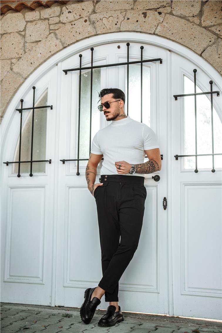Yarım Yaka Fitilli Slim Fit T-Shirt Beyaz