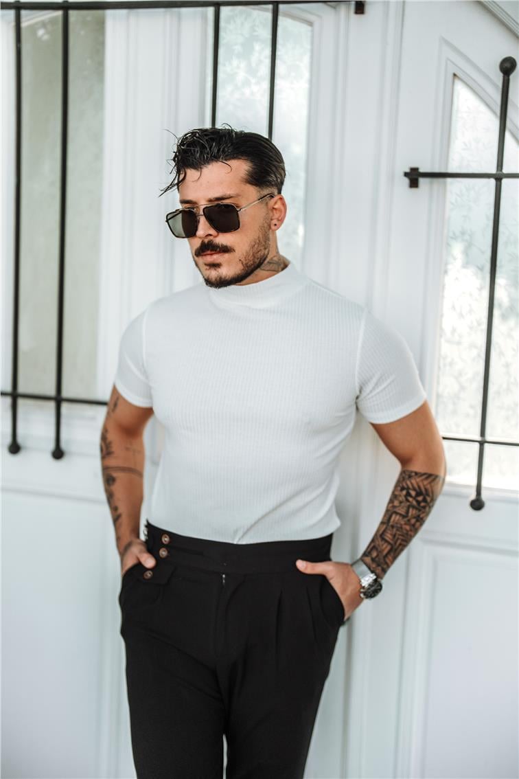 Yarım Yaka Fitilli Slim Fit T-Shirt Beyaz