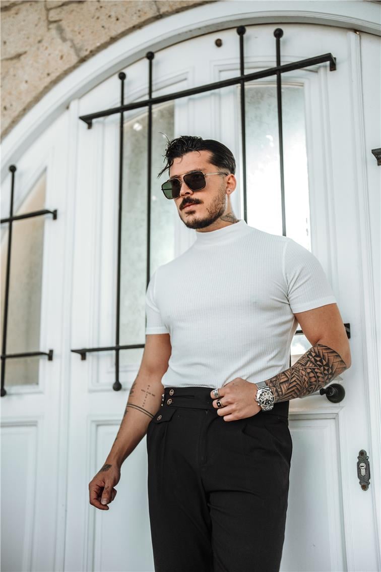 Yarım Yaka Fitilli Slim Fit T-Shirt Beyaz