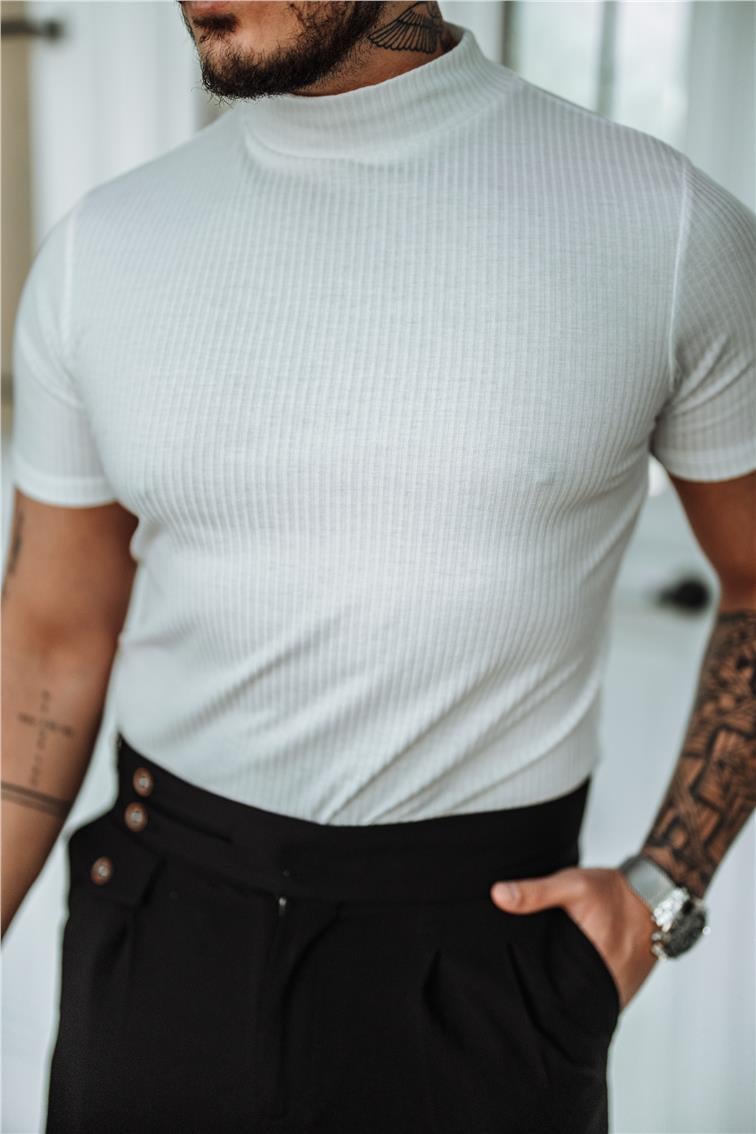 Yarım Yaka Fitilli Slim Fit T-Shirt Beyaz