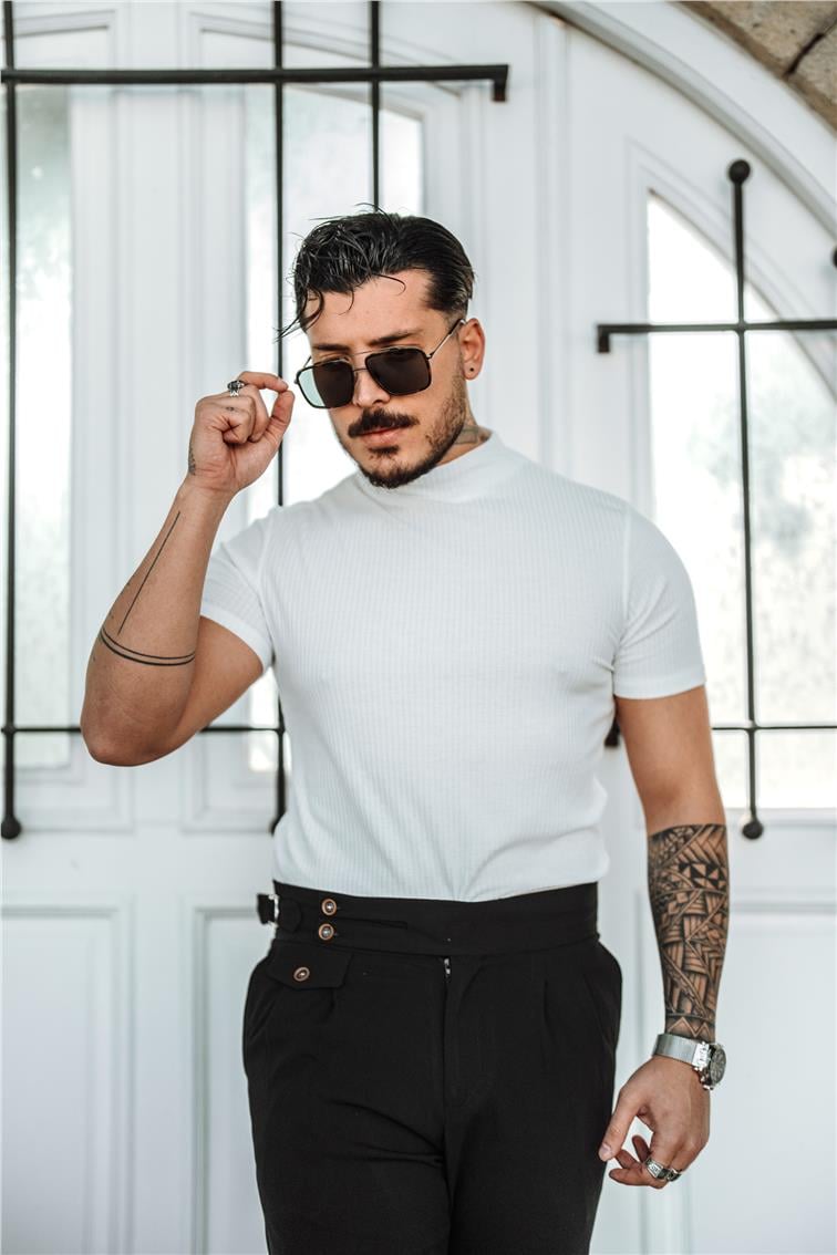 Yarım Yaka Fitilli Slim Fit T-Shirt Beyaz