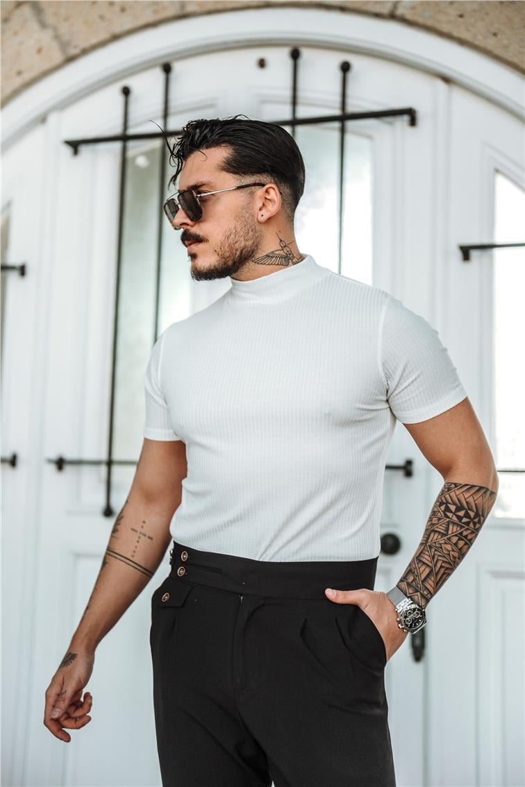 Yarım Yaka Fitilli Slim Fit T-Shirt Beyaz