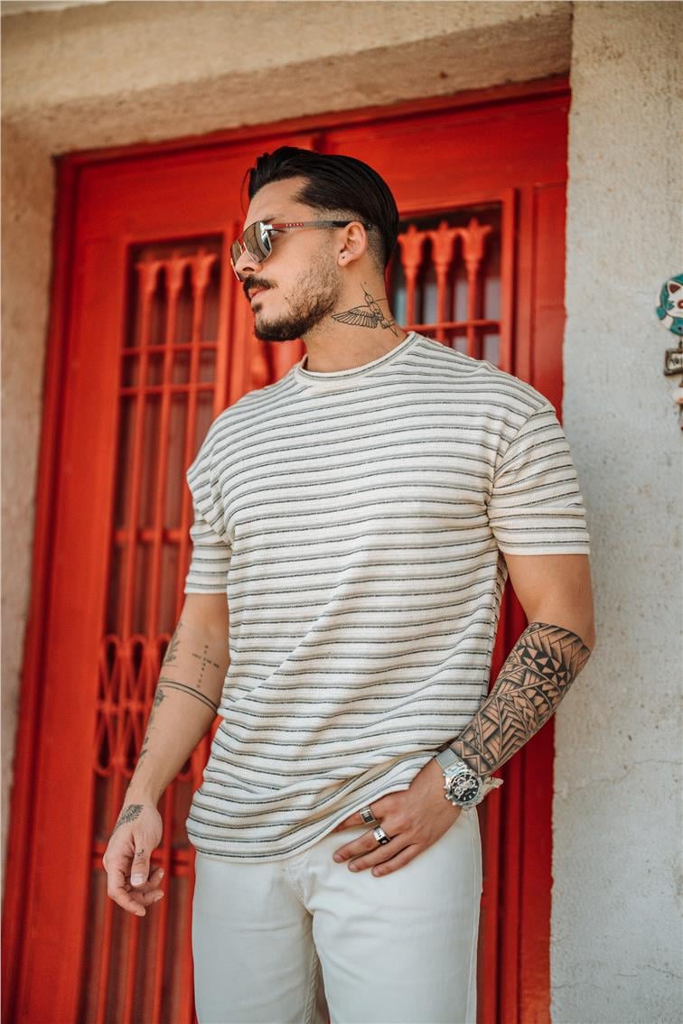 Yatay Çizgili T-Shirt Gri