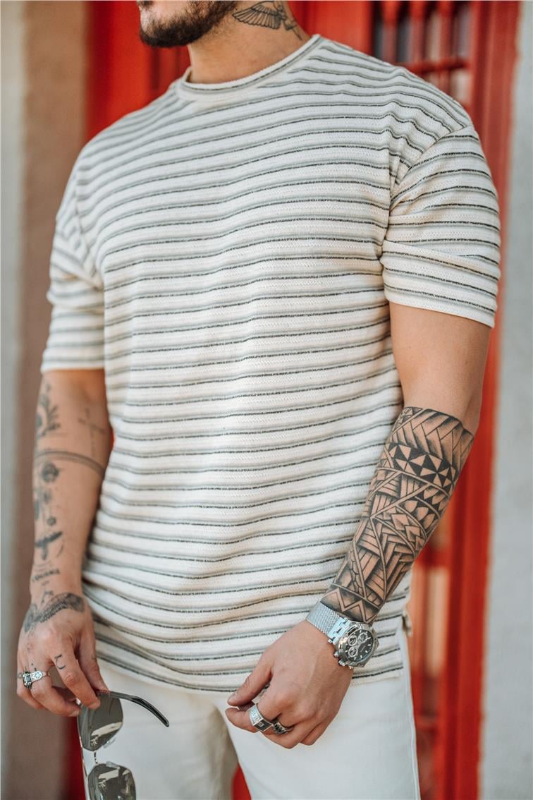 Yatay Çizgili T-Shirt Gri