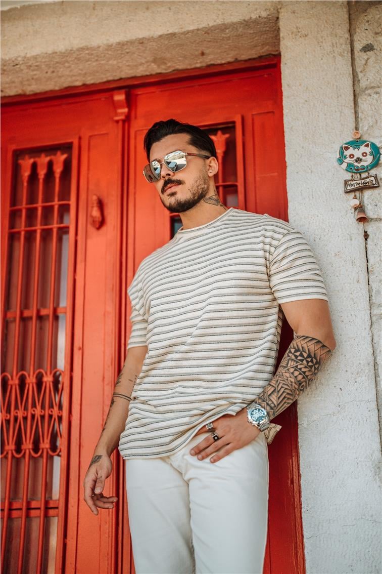 Yatay Çizgili T-Shirt Gri