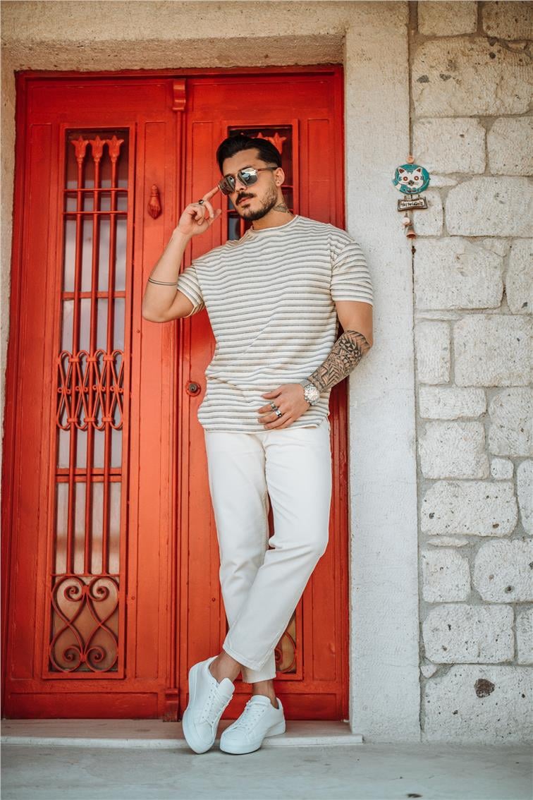 Yatay Çizgili T-Shirt Gri