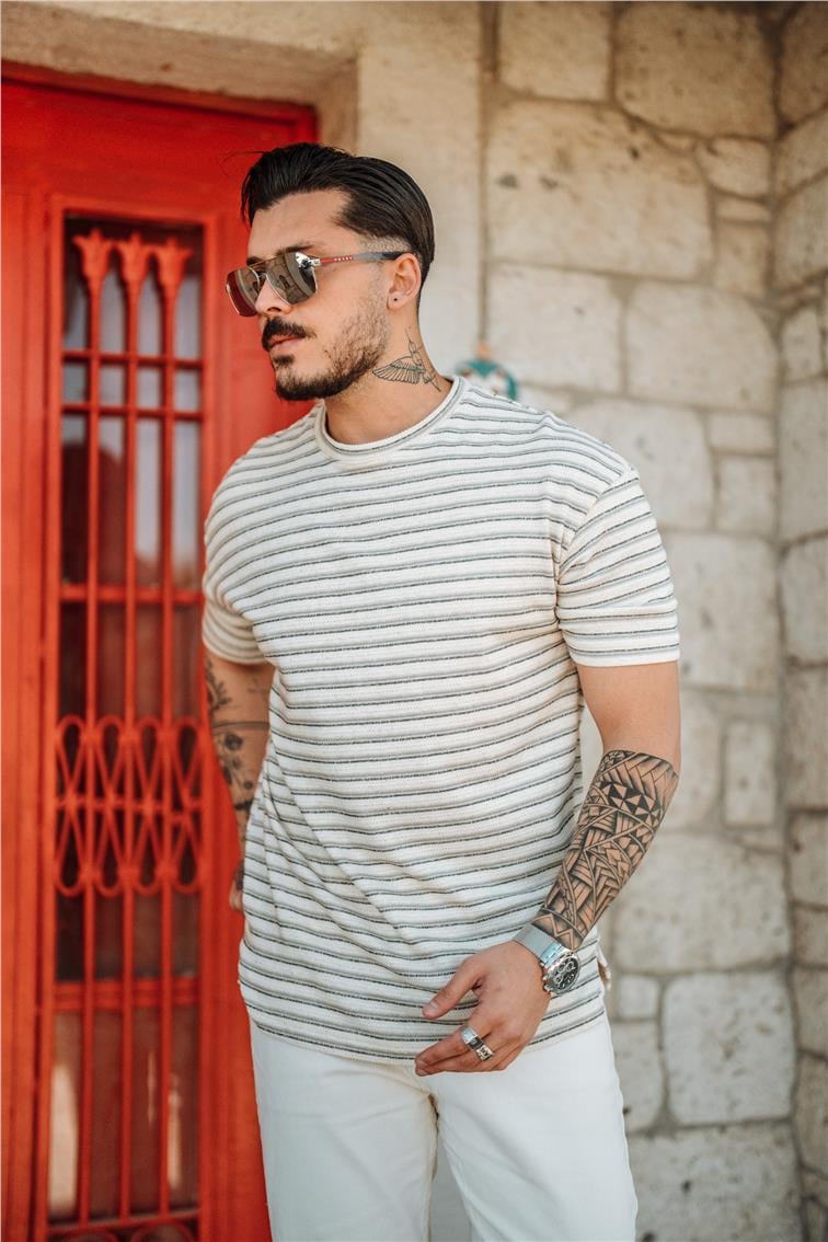 Yatay Çizgili T-Shirt Gri