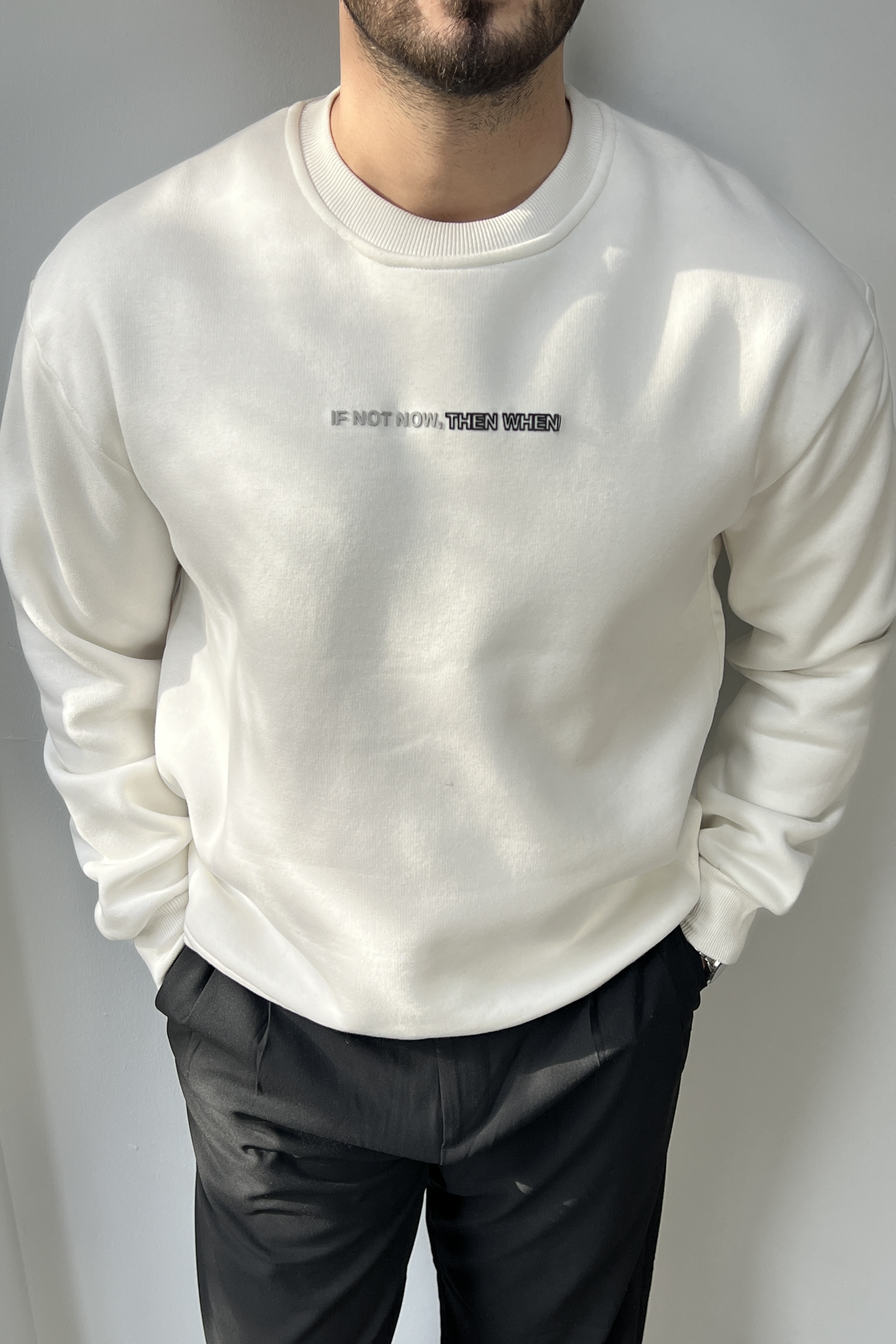 Yazı Detay Basic Sweatshirt Beyaz