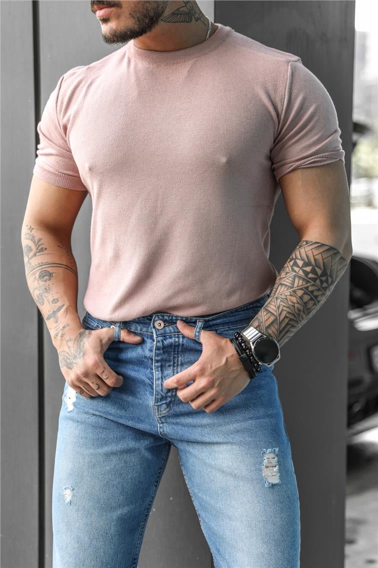 Yazlık Örme Triko T-Shirt Pudra