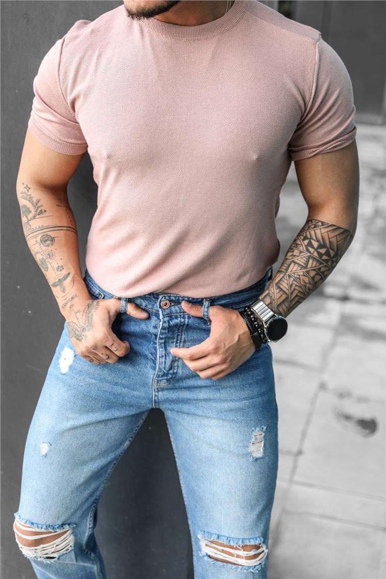 Yazlık Örme Triko T-Shirt Pudra