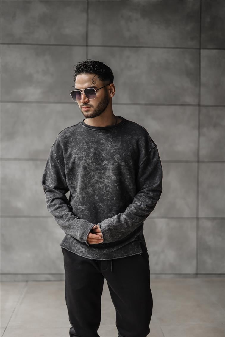 Yıkamalı Bol Kesim Sweatshirt Siyah