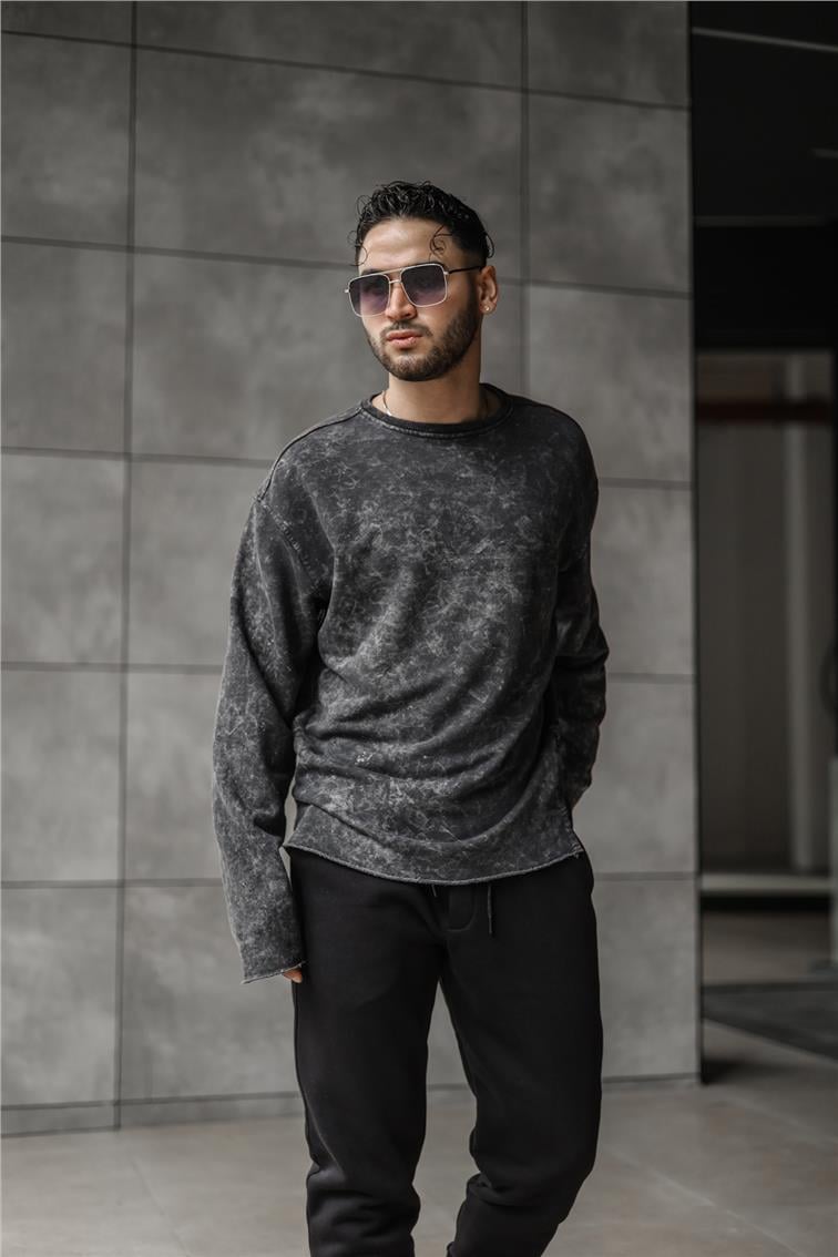Yıkamalı Bol Kesim Sweatshirt Siyah
